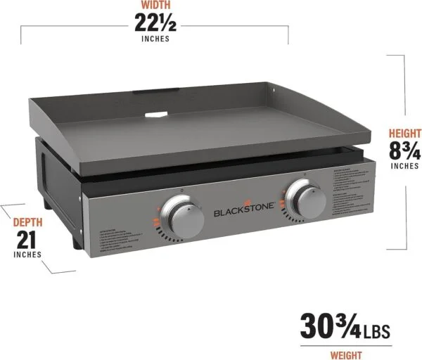 Blackstone 22″ Portable Tabletop Griddle – Dual Burner Flat Top Grill, 24,000 BTU Propane with Stainless Steel Faceplate & Rear Grease System - Image 4