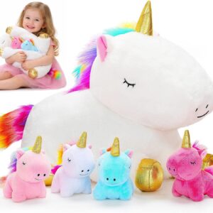 Trending pro Unicorn Mommy Plush Toy with 4 Baby Unicorns – Soft Stuffed Animal Playset, Interactive Plush Family Set, Cuddly Toys for Kids, Toddlers & Unicorn Lovers
