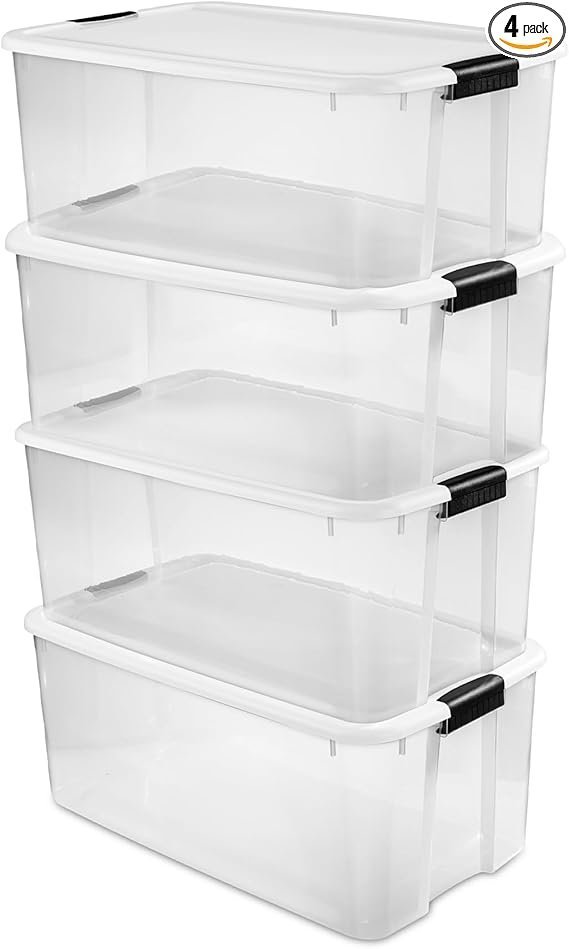 Sterilite 4-Pack Ultra Latching Box, Storage Bins with Lids, Clear Plastic, 116 Quart - Heavy-Duty Organizing Containers for Closet, Bathroom, and Office