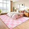 Area Rugs for Living Room Bedroom 9x12, Ultra Fluffy Shag Checkered Rug Modern Washable Carpet Soft Shaggy Non Slip Indoor Plush Fuzzy Rugs for Bedroom Dorm Office Home Aesthetic Decor, Pink and White - Image 2