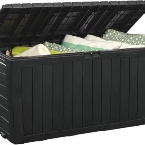 Keter Marvel Plus 71 Gallon Resin Deck Box-Organization and Storage for Patio Furniture Outdoor Cushions, Throw Pillows, Garden Tools and Pool Toys, Dark Grey