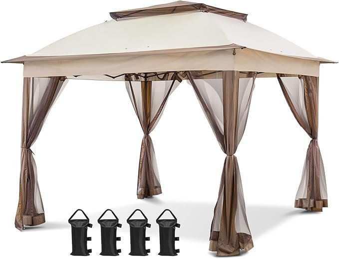 COOS BAY 11x11 Pop Up Gazebo with Mesh Netting, Instant Outdoor Canopy Tent, Water Resistant Shelter with UPF 50+ UV Protection, 121 Sq Ft Coverage, Beige