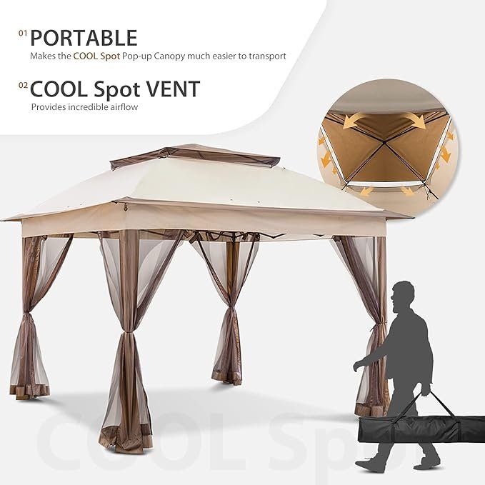 COOS BAY 11x11 Pop Up Gazebo with Mesh Netting, Instant Outdoor Canopy Tent, Water Resistant Shelter with UPF 50+ UV Protection, 121 Sq Ft Coverage, Beige - Image 3