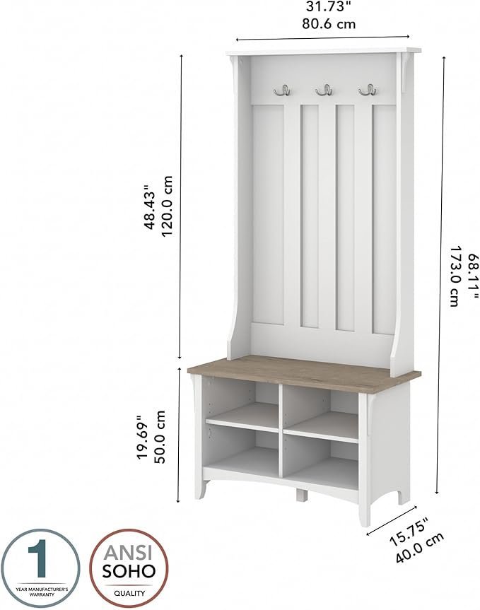Bush Home Salinas Hall Tree with Shoe Storage Bench in Shiplap Gray and Pure White, Multi-Purpose Home Organizer, Entryway Solution with Seating and Hooks - Image 4