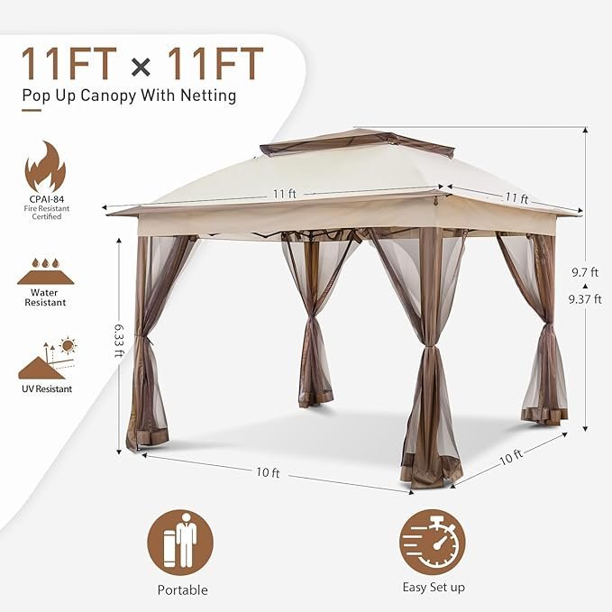 COOS BAY 11x11 Pop Up Gazebo with Mesh Netting, Instant Outdoor Canopy Tent, Water Resistant Shelter with UPF 50+ UV Protection, 121 Sq Ft Coverage, Beige - Image 4