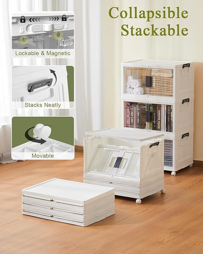 OlarHike 48QT Lockable Storage Bins with Lids - Folding Storage box with Doors and Wheels, Collapsible Plastic Storage Bins for Closets, Stackable Storage Organizer, Storage Containers, 4 Pack Cubes - Image 3