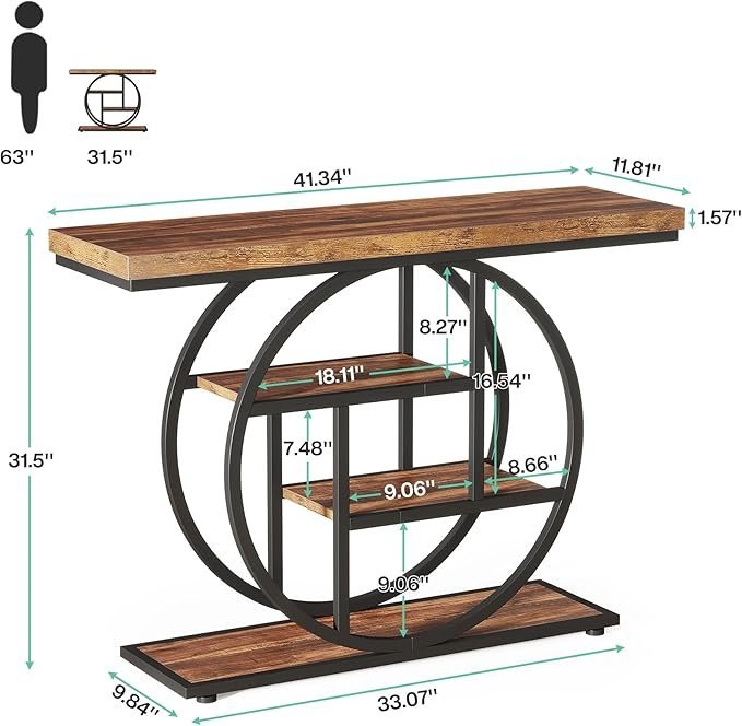 Tribesigns 41.3" Console Table, Industrial 4-Tier Sofa Table Entryway Table with Circle Base, Narrow Wood Accent Tables with Storage Shelves for Living Room, Hallway, Foyer, Rustic Brown - Image 4