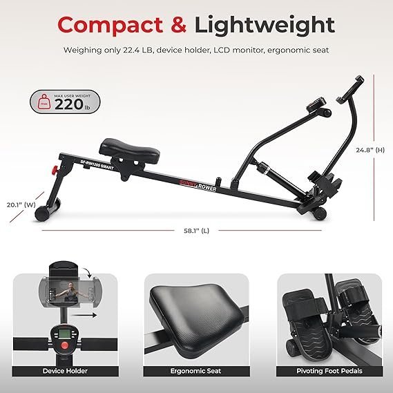Sunny Health & Fitness Compact Adjustable Rowing Machine with 12 Levels of Resistance for Complete Body Workouts and Optional Free SunnyFit App Enhanced Connectivity - Image 3