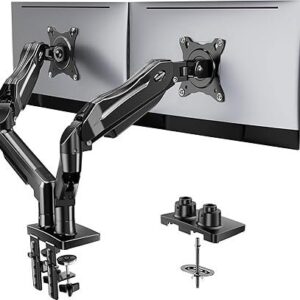 HUANUO FlowLift Dual Monitor Stand, Fully Adjustable Gaming Monitor Desk Mount for 13–32″ Computer Screens, Full Motion VESA 75x75/100x100 with C-Clamp & Grommet Base, Each Arm Holds 4.4 to 19.8 lbs