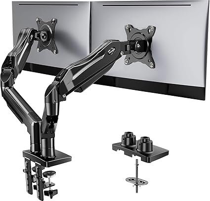 HUANUO FlowLift Dual Monitor Stand, Fully Adjustable Gaming Monitor Desk Mount for 13–32″ Computer Screens, Full Motion VESA 75x75/100x100 with C-Clamp & Grommet Base, Each Arm Holds 4.4 to 19.8 lbs