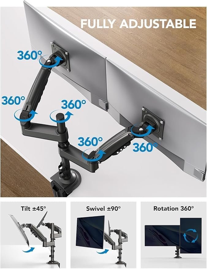 HUANUO 17-32 Inch Dual Monitor Stand, Vertical Dual Monitor Mount, Monitor Stand 2 Monitors, Ergonomic Adjustable Tilt/Swivel/Rotate, Weight Max 19.8 lbs, VESA 75/100mm - Image 3