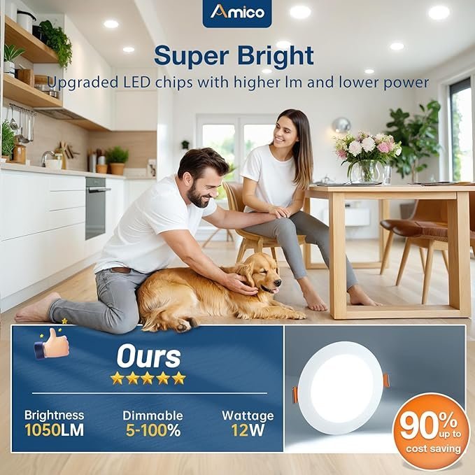 Amico 24 Pack 6 Inch 5CCT Ultra-Thin LED Recessed Ceiling Light with Junction Box, 1050LM Brightness, Dimmable Canless Wafer Downlight, 12W, ETL&FCC - Image 3