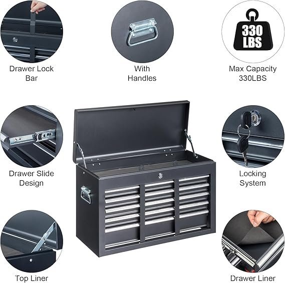 Winado 24" Portable Metal Tool Box, 5 Drawers Toolbox with Top Storage Tray, Carry Handle, Ball Bearing Runners, Lockable Tool Chest Cabinet for Garage, Warehouse, Repair Shop & Home, Black - Image 4