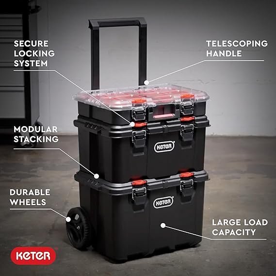 Keter Stack-n-Roll Modular Tools Organizer for Garage Storage and DIY, 3 Piece Resin Rolling Tool Box System for Small Parts, Black - Image 4