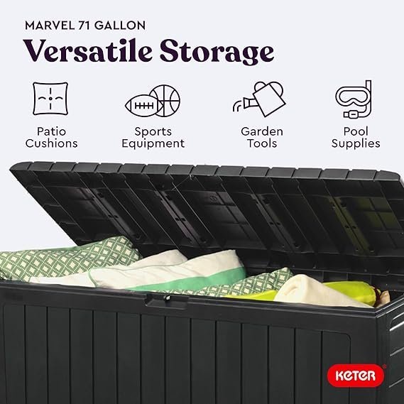 Keter Marvel Plus 71 Gallon Resin Deck Box-Organization and Storage for Patio Furniture Outdoor Cushions, Throw Pillows, Garden Tools and Pool Toys, Dark Grey - Image 3