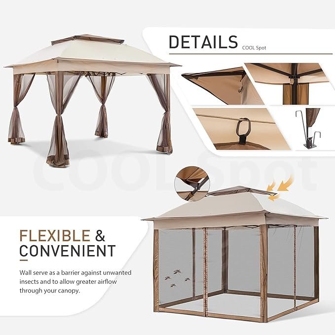 COOS BAY 11x11 Pop Up Gazebo with Mesh Netting, Instant Outdoor Canopy Tent, Water Resistant Shelter with UPF 50+ UV Protection, 121 Sq Ft Coverage, Beige - Image 5