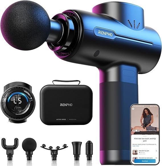 RENPHO Active+ Percussion Massage Gun, Mothers Day Gifts, 5 Adjustable Speeds for Back, Neck, Muscle Recovery - App Controlled Guided Courses, with Carry Case for Professional Athlete, Gym and Travel