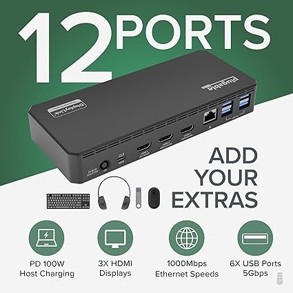 Plugable USB C Triple Display Docking Station | 100W PD, 3x HDMI (1x 4K 30Hz, 2x 1080p 60Hz), 6x USB 5Gbps Ports | Windows, macOS, ChromeOS Compatible - Enhance Productivity with Multi-Monitor Support - Image 5