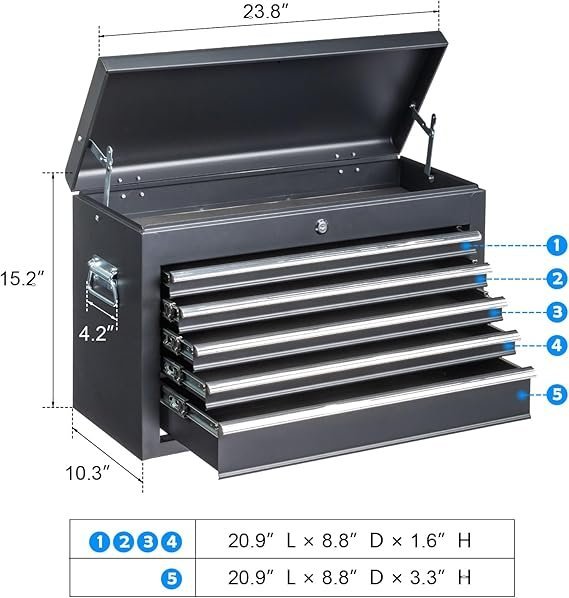 Winado 24" Portable Metal Tool Box, 5 Drawers Toolbox with Top Storage Tray, Carry Handle, Ball Bearing Runners, Lockable Tool Chest Cabinet for Garage, Warehouse, Repair Shop & Home, Black - Image 2