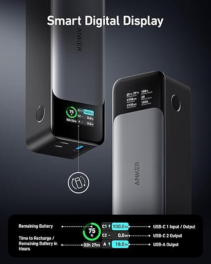 Anker 737 Power Bank, 140W Max 3-Port Laptop Portable Charger, 24,000mAh, Smart Display, Compatible with iPhone 16 / 15 / 14 Series, Vision Pro, Samsung, MacBook, and More - Image 2