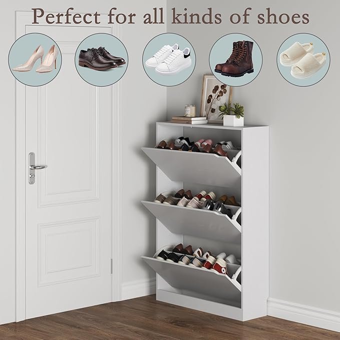 BORNOON Shoe Cabinet with 3 Flip Drawers, Hidden Wood Shoe Cabinet,Freestanding Shoe Storage Cabinet for Entryway Hallway.White. 47.2" H*31.5" W*9.45" D. - Image 3