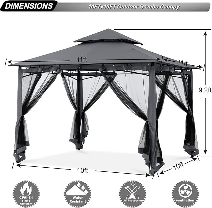ABCCANOPY Gazebos for Patios 10x10 - Outdoor Steel Frame Gazebo with Mosquito Netting for Lawn Backyard Garden Deck (Dark Gray) - Image 2