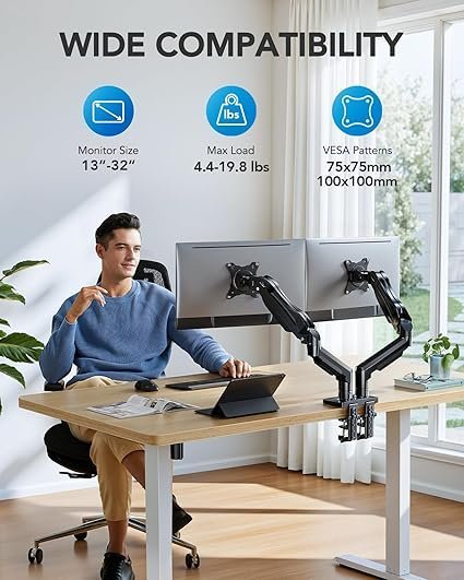 HUANUO FlowLift Dual Monitor Stand, Fully Adjustable Gaming Monitor Desk Mount for 13–32″ Computer Screens, Full Motion VESA 75x75/100x100 with C-Clamp & Grommet Base, Each Arm Holds 4.4 to 19.8 lbs - Image 5