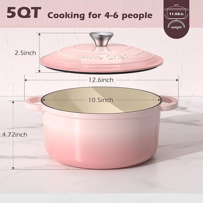 Umite Chef 5QT Enameled Cast Iron Dutch Oven Pot with Lid, Heavy-Duty Cookware for Bread Baking, Braising, Stews, Roasting, Wedding Registry Ideas & Gifts (Pink) - Image 4
