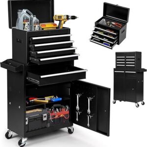 5-Drawer Rolling Tool Chest – 2-in-1 Lockable Tool Box with Wheels, Sliding Drawers & Detachable Top – Garage & Workshop Storage Cabinet, Black