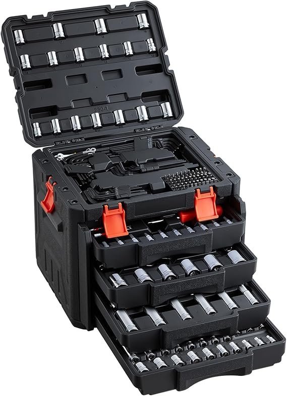 VEVOR Mechanics Tool Set and Socket Set, 1/4" 3/8" 1/2" Drive Deep and Standard Sockets, 450 Pcs SAE and Metric Mechanic Tool Kit with Bits, Combination Wrench, Hex Wrenches, Accessories, Storage Case