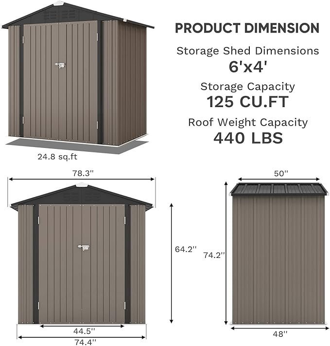 Patiowell 6x4 FT Outdoor Storage Shed, Garden Tool Storage Shed with Sloping Roof and Double Lockable Door, Outdoor Shed for Garden Backyard Patio Lawn, Brown - Image 2