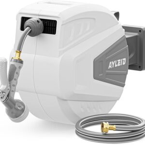 Ayleid Retractable Garden Hose Reel,1/2 in x 100 ft Wall Mounted Hose Reel, with 9- Function Sprayer Nozzle, Any Length Lock/Slow Return System/Wall Mounted/180°Swivel Bracket (Gray)