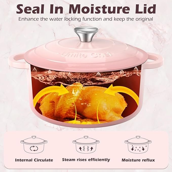 Umite Chef 5QT Enameled Cast Iron Dutch Oven Pot with Lid, Heavy-Duty Cookware for Bread Baking, Braising, Stews, Roasting, Wedding Registry Ideas & Gifts (Pink) - Image 3
