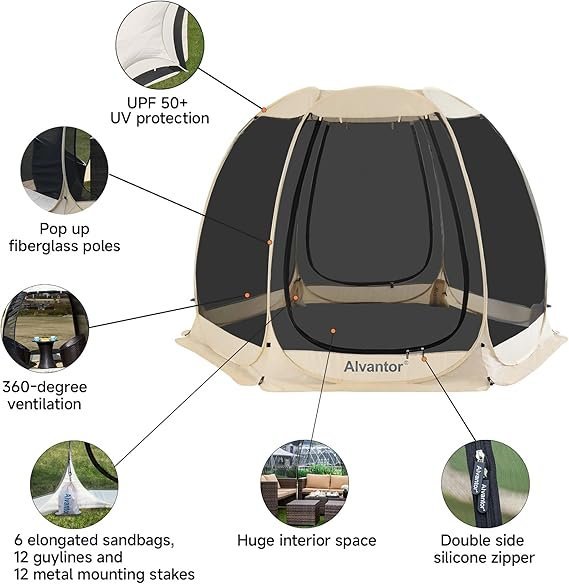 Alvantor Pop Up Screen House Gazebo with Mosquito Netting, Instant UV Resistant Sun Shelter for Patio & Backyard, Portable Canopy Tent for 2-10 Person - Image 3