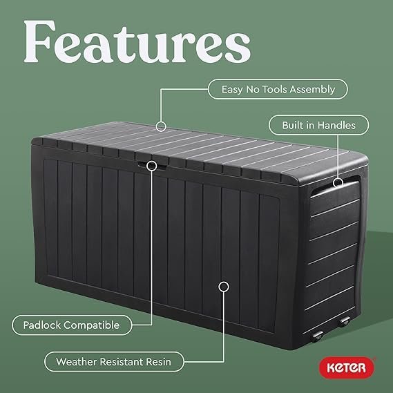 Keter Marvel Plus 71 Gallon Resin Deck Box-Organization and Storage for Patio Furniture Outdoor Cushions, Throw Pillows, Garden Tools and Pool Toys, Dark Grey - Image 4