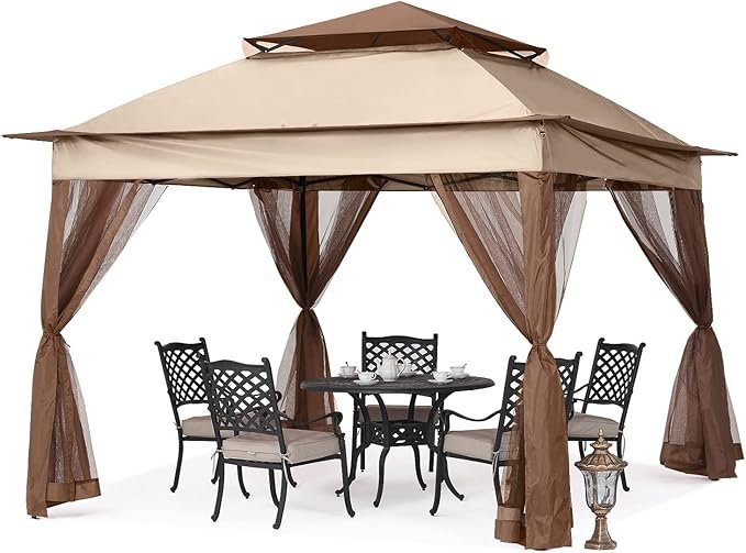 MASTERCANOPY Patio Gazebo Outdoor Pop Up Gazebo with Mesh Walls (11x11,Champagne)