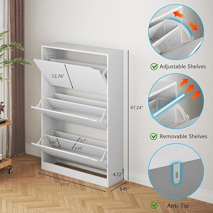 BORNOON Shoe Cabinet with 3 Flip Drawers, Hidden Wood Shoe Cabinet,Freestanding Shoe Storage Cabinet for Entryway Hallway.White. 47.2" H*31.5" W*9.45" D. - Image 5