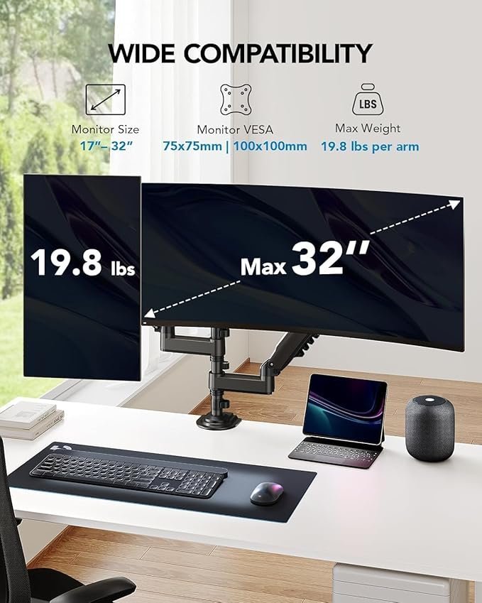 HUANUO 17-32 Inch Dual Monitor Stand, Vertical Dual Monitor Mount, Monitor Stand 2 Monitors, Ergonomic Adjustable Tilt/Swivel/Rotate, Weight Max 19.8 lbs, VESA 75/100mm - Image 5