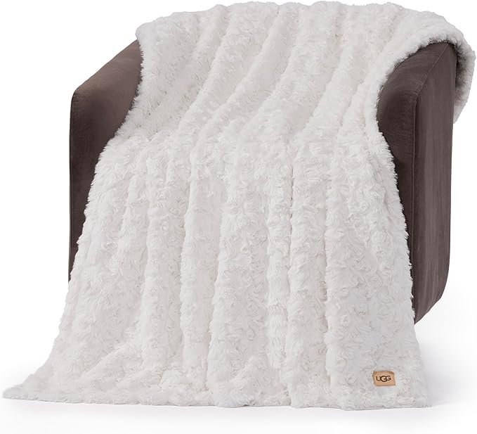 UGG Adalee Faux Fur Throw Blanket for Couch, Cozy Soft Blanket for Bed or Chair, Giftable Fluffy Throw, Machine Washable, Luxury Spring Home Decor, 50-inch x 70-inch, Natural White