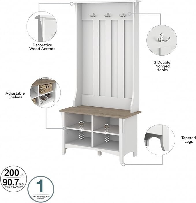 Bush Home Salinas Hall Tree with Shoe Storage Bench in Shiplap Gray and Pure White, Multi-Purpose Home Organizer, Entryway Solution with Seating and Hooks - Image 2