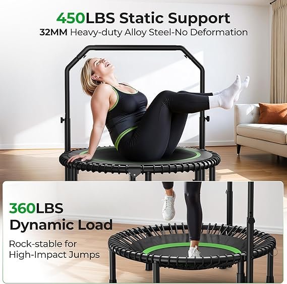 BCAN BT2 450/550LBS Mini Rebounder Trampoline for Adults with Bar, Fitness Trampoline with Bungees, Adjustable Handle, Stable & Quiet, Indoor Outdoor, Whole-Body Workout & Relaxation at Home-40IN/48IN - Image 2
