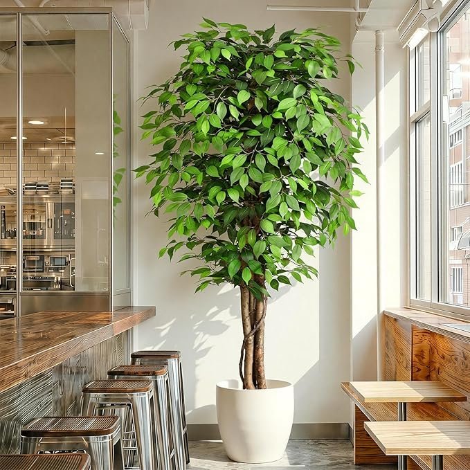 7ft Large Ficus Artificial Trees with Natural Curved Trunks, 84" Tall Lush Faux Tree for Home Decor Indoor, Green Lifelike Fake Ficus Tree Artificial Plants in Pot(Set of 2)