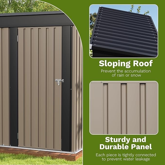 Patiowell 5x3 FT Outdoor Storage Shed, Tool Shed with Sloping Roof and Lockable Door, Metal Shed for Backyard Garden Patio Lawn, Brown - Image 3