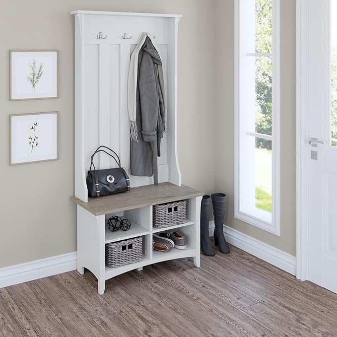 Bush Home Salinas Hall Tree with Shoe Storage Bench in Shiplap Gray and Pure White, Multi-Purpose Home Organizer, Entryway Solution with Seating and Hooks - Image 5