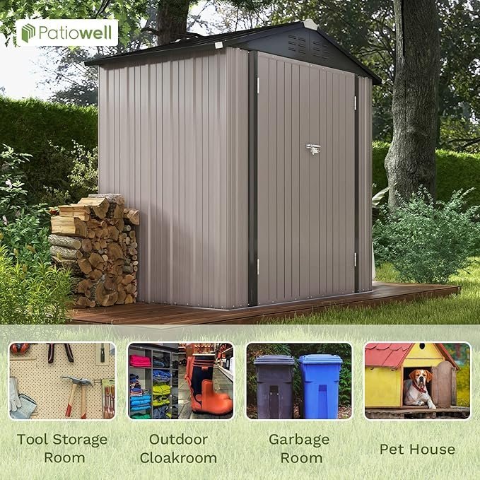 Patiowell 6x4 FT Outdoor Storage Shed, Garden Tool Storage Shed with Sloping Roof and Double Lockable Door, Outdoor Shed for Garden Backyard Patio Lawn, Brown - Image 3