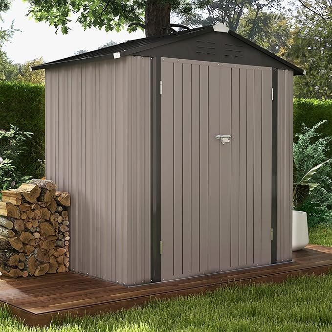 Patiowell 6x4 FT Outdoor Storage Shed, Garden Tool Storage Shed with Sloping Roof and Double Lockable Door, Outdoor Shed for Garden Backyard Patio Lawn, Brown - Image 5