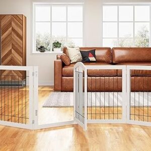 PAWLAND 144-inch Extra Wide 30-inches Tall Dog gate with Door Walk Through, Freestanding Wire Pet Gate for The House, Doorway, Stairs, Pet Puppy Safety Fence, Support Feet Included, White,6 Panels