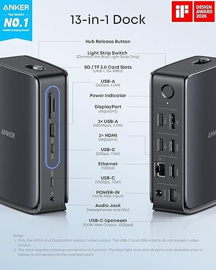 Anker Nano Laptop Docking Station with Detachable Hub, 13-in-1 USB-C Triple Display Docking with 2 HDMI+1 DP, 10 Gbps USB-C, 3 USB-A, Audio, SD/TF, Ethernet, 100W Max PD for Dell, Lenovo, HP, and More - Image 5