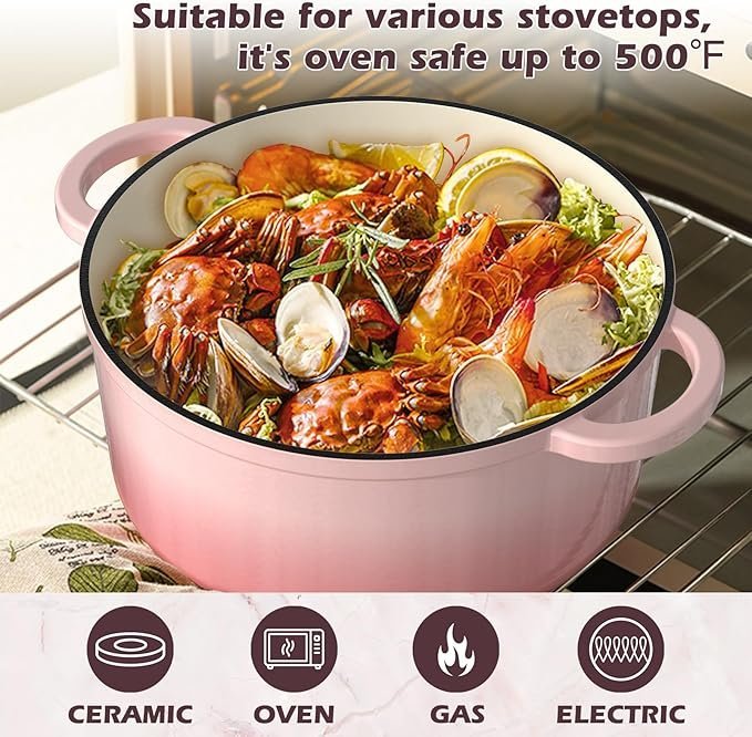 Umite Chef 5QT Enameled Cast Iron Dutch Oven Pot with Lid, Heavy-Duty Cookware for Bread Baking, Braising, Stews, Roasting, Wedding Registry Ideas & Gifts (Pink) - Image 2