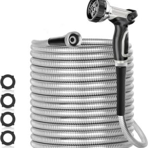 SPECILITE 200ft 304 Stainless Steel Garden Hose Metal, Heavy Duty Water Pipe with Nozzles for Yard, Outdoor - Flexible, Never Kink & Tangle, Puncture Resistant (Sliver)